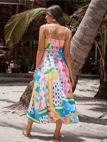トロピカルプリントの調節可能なストラップ付きビーチロングドレス 2025