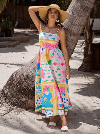 イエロートロピカルプリントの調節可能なストラップ付きビーチロングドレス 2025