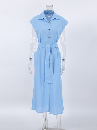 ベルト付き半袖シャツワンピース ボタンフロント コットンリネン ロングドレス 2025