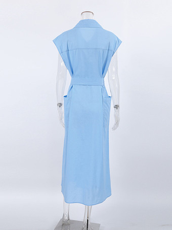 ベルト付き半袖シャツワンピース ボタンフロント コットンリネン ロングドレス 2025