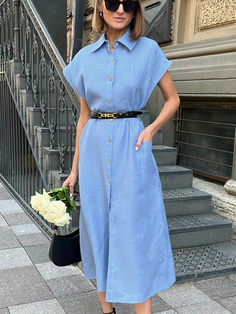 ベルト付き半袖シャツワンピース ボタンフロント コットンリネン ロングドレス 2025