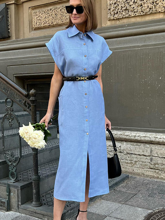 ライトスカイブルーベルト付き半袖シャツワンピース ボタンフロント コットンリネン ロングドレス 2025