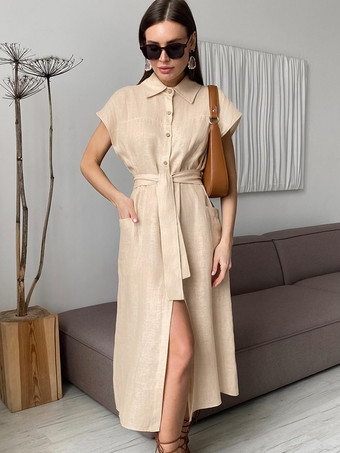 ライト アプリコットベルト付き半袖シャツワンピース ボタンフロント コットンリネン ロングドレス 2025