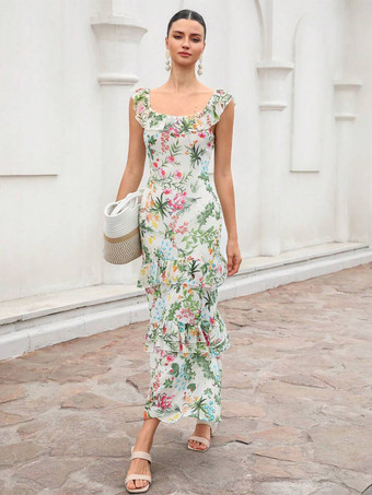 レイヤードデザインの花柄ノースリーブロングドレス 2026