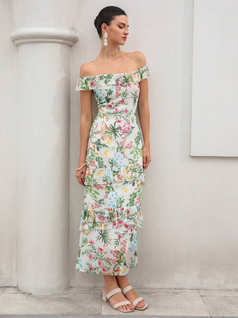 レイヤードデザインの花柄ノースリーブロングドレス 2026