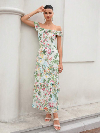 レイヤードデザインの花柄ノースリーブロングドレス 2026