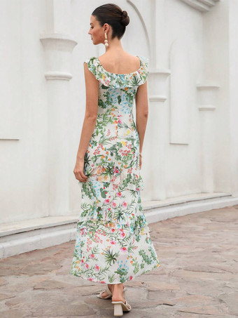 レイヤードデザインの花柄ノースリーブロングドレス 2026