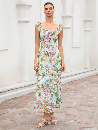 グリーン レイヤードデザインの花柄ノースリーブロングドレス 2026