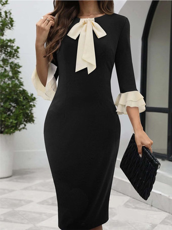 フリル袖と蝶ネクタイが付いたエレガントなブラックボディコンミディドレス 2025