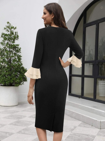 フリル袖と蝶ネクタイが付いたエレガントなブラックボディコンミディドレス 2025