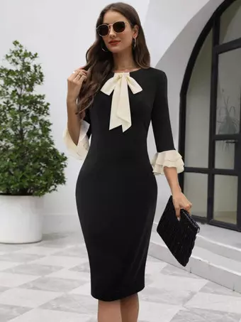 Elegant Black Bodycon Midi Dress With Ruffled Sleeves And Bow Tie
