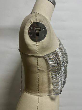 メタリックチェーンメイルスタイルのホルターネック、セクシーなチェストチェーンクロップトップ 2025