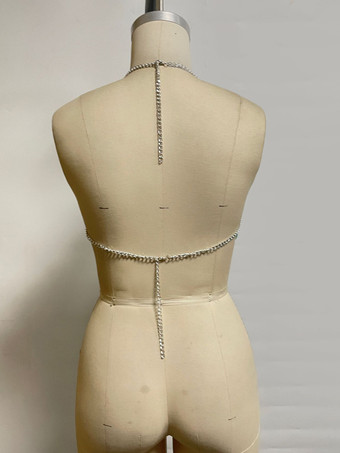 メタリックチェーンメイルスタイルのホルターネック、セクシーなチェストチェーンクロップトップ 2025