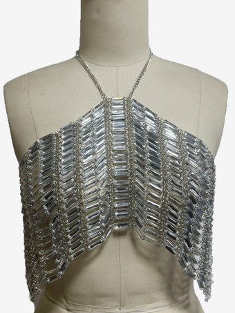 メタリックチェーンメイルスタイルのホルターネック、セクシーなチェストチェーンクロップトップ 2025