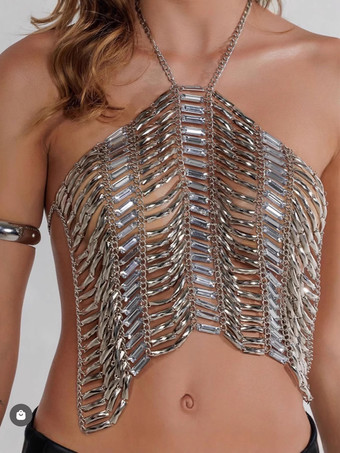 メタリックチェーンメイルスタイルのホルターネック、セクシーなチェストチェーンクロップトップ 2025