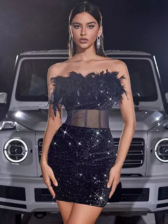 Sequin Bodycon Mini Party Dress With Feather Decor And Sheer Waist 2026 - Milanoo.com Sequin Bodycon Mini Party Dress With Feather Decor And Sheer Waist 2026 - Milanoo.com