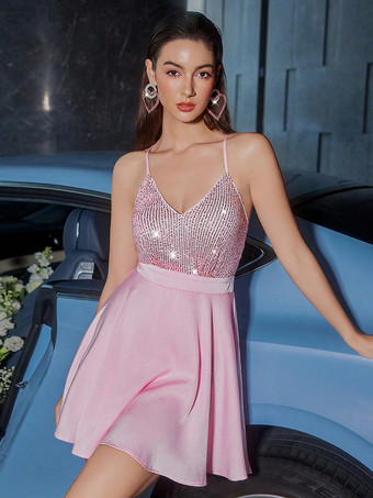 ピンク2025年夏向け、スパンコールミニパーティードレス、Vネック、Aライン、スケータードレス