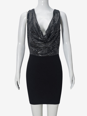 カウルネック スパンコール ボディコン ミニ パーティードレス（ブラック）2026