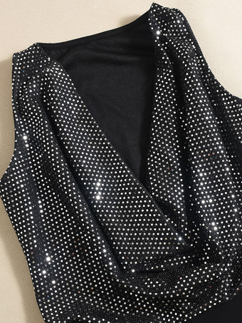 カウルネック スパンコール ボディコン ミニ パーティードレス（ブラック）2026