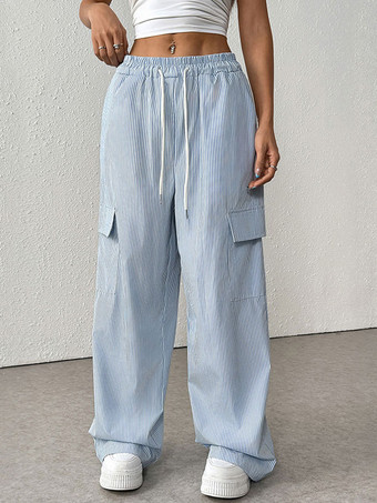 ブルー サイドポケット付きストライプ柄リラックスフィットカーゴパンツ 2025