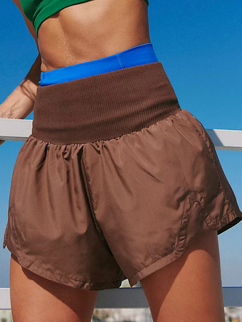 ブラウン 無地ハイウエストヨガ速乾スポーツパンツ 2025