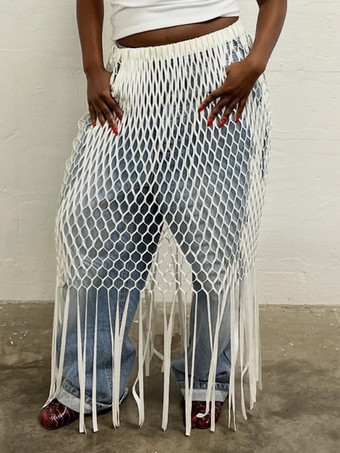 ホワイト フリンジヘムネットスカート ビーチカバーアップ 2026
