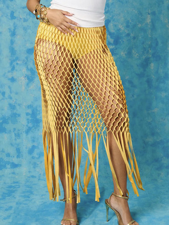 イエローフリンジヘムネットスカート ビーチカバーアップ 2026