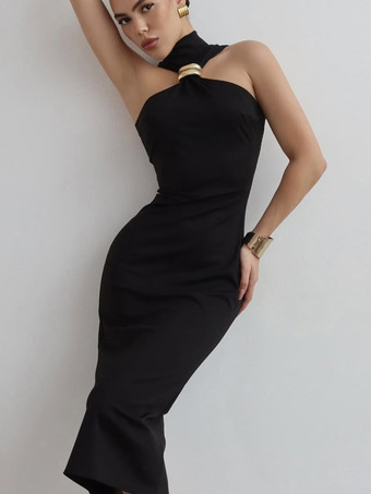 ユニークなネックラインのノースリーブボディコンミディドレス（ブラック）2025