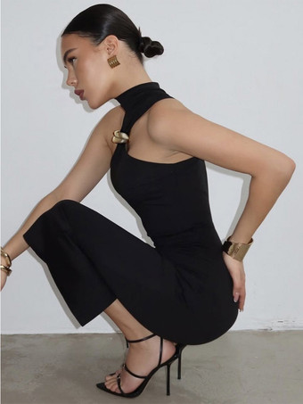 ユニークなネックラインのノースリーブボディコンミディドレス（ブラック）2025