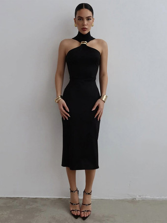 ブラック ユニークなネックラインのノースリーブボディコンミディドレス（ブラック）2025