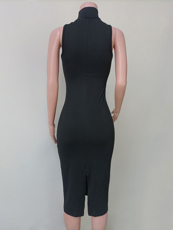 ユニークなネックラインのノースリーブボディコンミディドレス（ブラック）2025