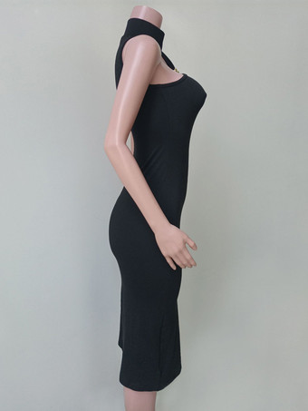 ユニークなネックラインのノースリーブボディコンミディドレス（ブラック）2025