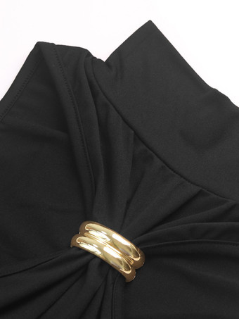 ユニークなネックラインのノースリーブボディコンミディドレス（ブラック）2025