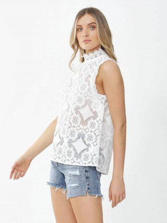 セクシーなシースルーノースリーブスタンドカラーレースシャツ 2025