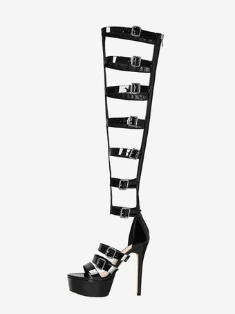 ブラック ブラックグラディエーターサンダル プラットフォーム オープントゥ バックルディテール ハイヒールサンダル