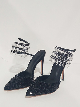 PUブラックブラックハイヒールパンプス、スパンコール付きポインテッドトゥ、ストラップ付きパーティーシューズ