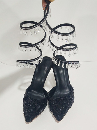 ブラックハイヒールパンプス、スパンコール付きポインテッドトゥ、ストラップ付きパーティーシューズ