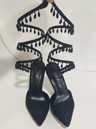 ブラックハイヒールパンプス、スパンコール付きポインテッドトゥ、ストラップ付きパーティーシューズ