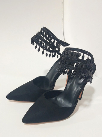 ブラック ブラックハイヒールパンプス、スパンコール付きポインテッドトゥ、ストラップ付きパーティーシューズ