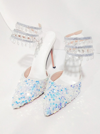 ブラックハイヒールパンプス、スパンコール付きポインテッドトゥ、ストラップ付きパーティーシューズ