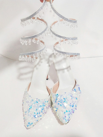 ホワイト ブラックハイヒールパンプス、スパンコール付きポインテッドトゥ、ストラップ付きパーティーシューズ