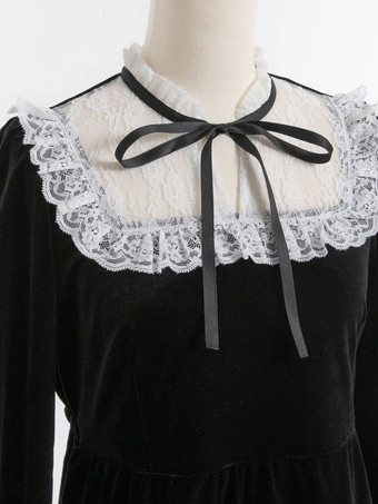 ハロウィン ロリータドレス レースネックライン 長袖 ベルベット フリル ゴシックドレス