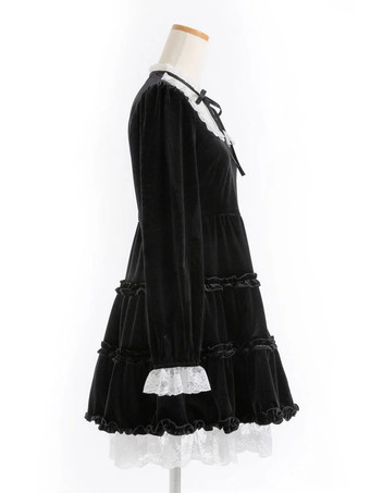 ハロウィン ロリータドレス レースネックライン 長袖 ベルベット フリル ゴシックドレス