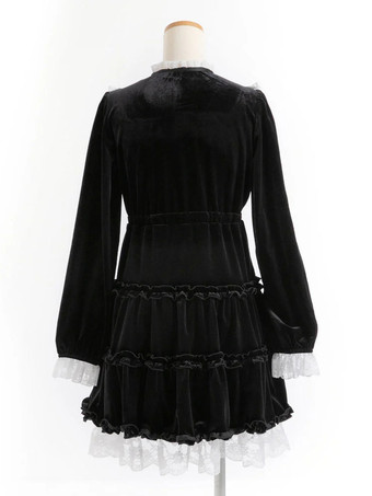 ハロウィン ロリータドレス レースネックライン 長袖 ベルベット フリル ゴシックドレス