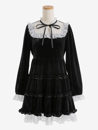 ハロウィン ロリータドレス レースネックライン 長袖 ベルベット フリル ゴシックドレス