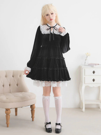 ハロウィン ロリータドレス レースネックライン 長袖 ベルベット フリル ゴシックドレス