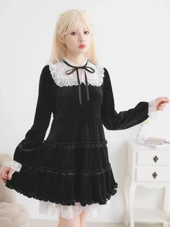ホワイト＋ブラックハロウィン ロリータドレス レースネックライン 長袖 ベルベット フリル ゴシックドレス