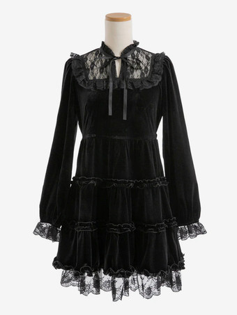 ブラック ハロウィン ロリータドレス レースネックライン 長袖 ベルベット フリル ゴシックドレス