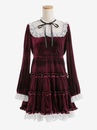 ハロウィン ロリータドレス レースネックライン 長袖 ベルベット フリル ゴシックドレス