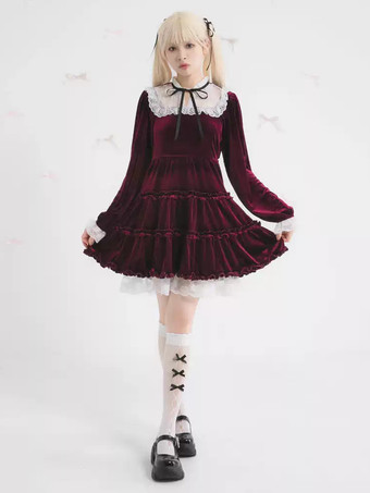 ハロウィン ロリータドレス レースネックライン 長袖 ベルベット フリル ゴシックドレス